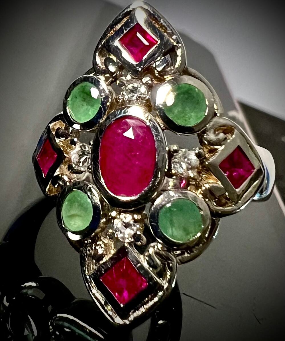 Vintage Sally C Treasures SX 925 Ruby Emerald Cocktail Ring Sz 6